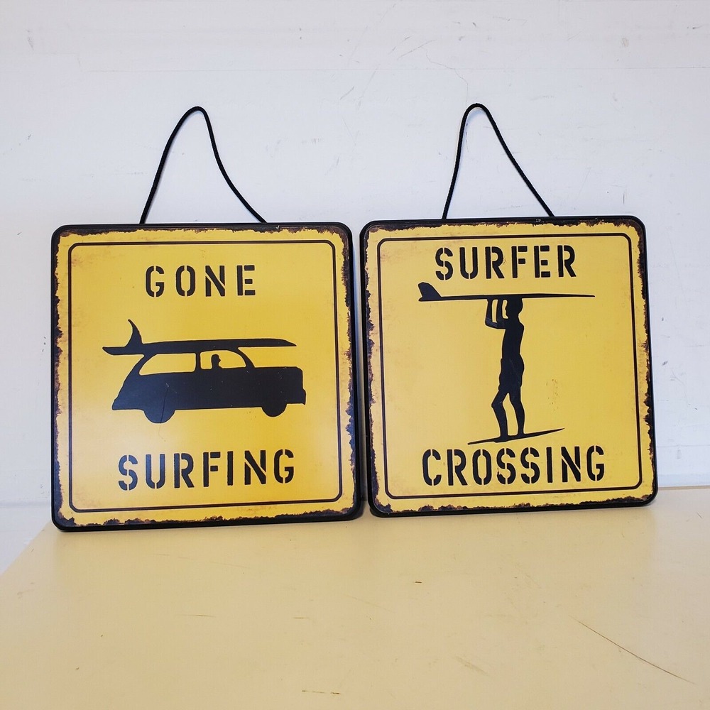 Surfer Crossing and Gone Surfing Decorative‎ Wooden Signs 9.5 Inch x 9.5 inch